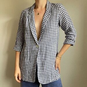 Cynthia Rowley Womens Blue White Checkered Linen Lagenlook Unstructured Blazer S